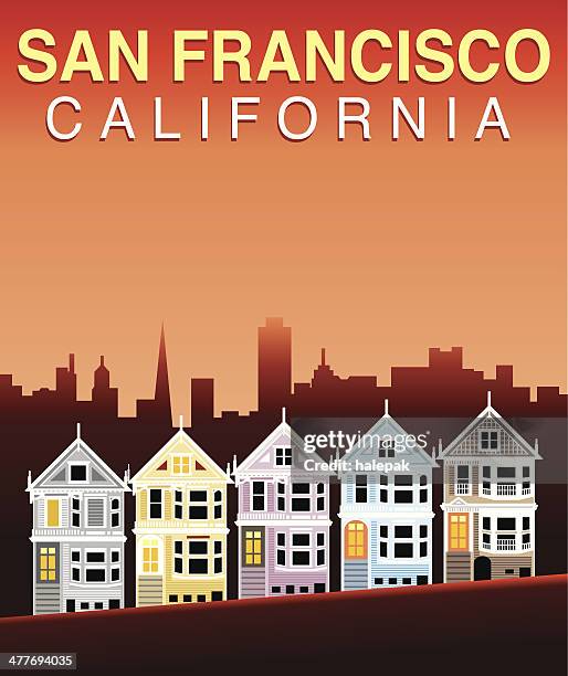 ilustraciones, imágenes clip art, dibujos animados e iconos de stock de de san francisco-atardecer - casas painted ladies