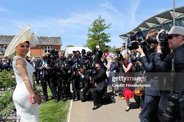 Samantha Barks poses for photographers on Ladies Day at Royal Ascot Racecourse on June 18, 2015 in Ascot, England.