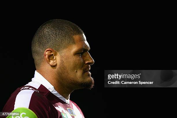 Willie Mason of the Sea Eagles looks on during the round 15 NRL match between the Manly Sea Eagles and the Wests Tigers at Brookvale Oval on June 19,...