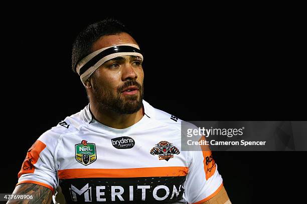 Dene Halatau of the Tigers looks on during the round 15 NRL match between the Manly Sea Eagles and the Wests Tigers at Brookvale Oval on June 19,...
