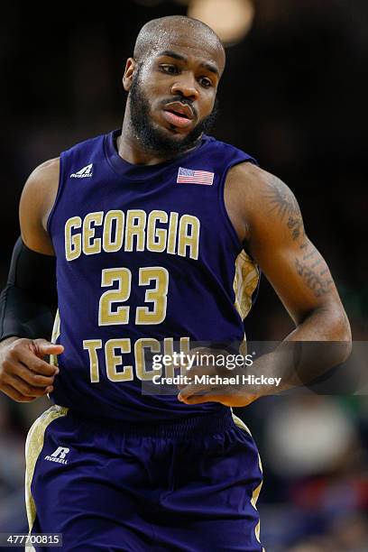 Trae Golden of the Georgia Tech Yellow Jackets jogs up the court during the game against the Notre Dame Fighting Irish at Purcel Pavilion on February...