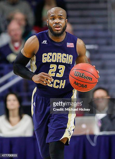 Trae Golden of the Georgia Tech Yellow Jackets brings the ball up court during the game against the Notre Dame Fighting Irish at Purcel Pavilion on...