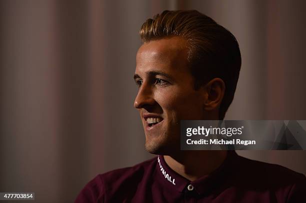 Harry Kane speaks to the media during the England U21 training session and press conference on June 19, 2015 in Olomouc, Czech Republic.
