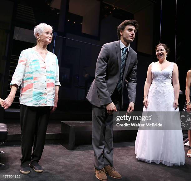 Barbara Barrie, Gideon Glick and Lindsay Mendez during curtain call at the 'Significant Other' Opening Night at Laura Pels Theatre on June 18, 2015...