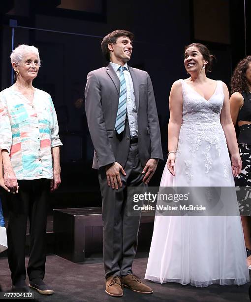 Barbara Barrie, Gideon Glick and Lindsay Mendez during curtain call at the 'Significant Other' Opening Night at Laura Pels Theatre on June 18, 2015...