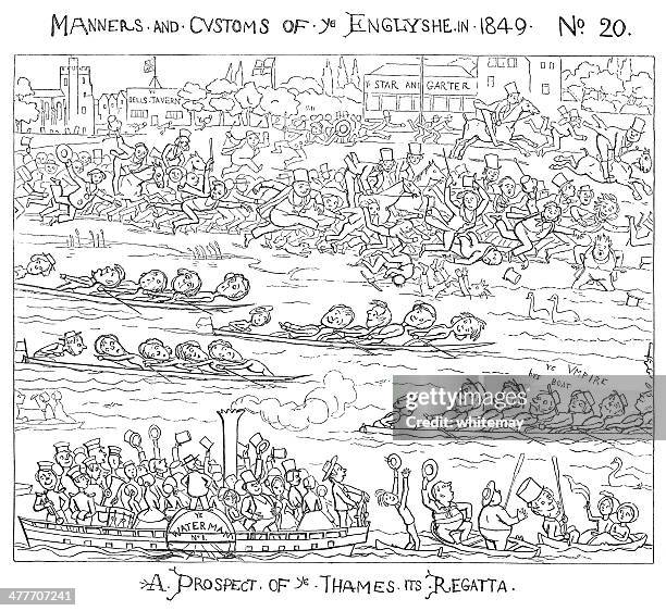 society enjoying the river thames regatta at putney - putney london stock illustrations