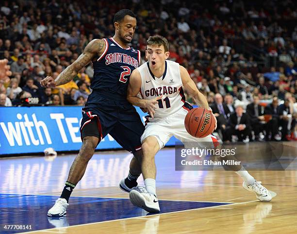 David Stockton of the Gonzaga Bulldogs drives against Paul McCoy of the Saint Mary's Gaels during a semifinal game of the West Coast Conference...