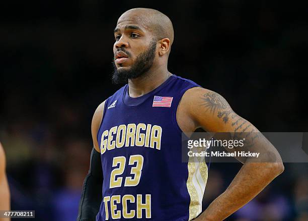 Trae Golden of the Georgia Tech Yellow Jackets stands on the court during the game against the Notre Dame Fighting Irish at Purcel Pavilion on...