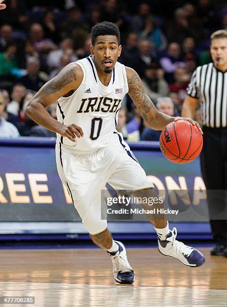 Eric Atkins of the Notre Dame Fighting Irish drives to the basket during the game against the Georgia Tech Yellow Jackets at Purcel Pavilion on...