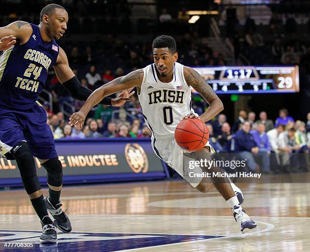 Eric Atkins of the Notre Dame Fighting Irish drives to the basket during the game against the Georgia Tech Yellow Jackets at Purcel Pavilion on...