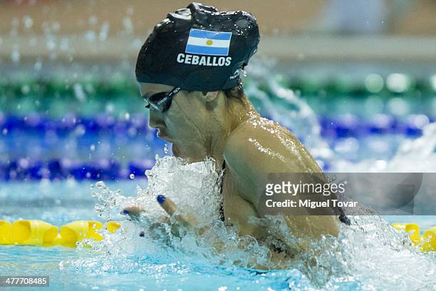 Macarena Ceballos of Argentina competes in womens 100m breaststroke final event during day four of the X South American Games Santiago 2014 at Centro...