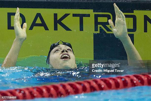 Julia Cebastian of Argentina reacts after winning in womens 100m breaststroke final event during day four of the X South American Games Santiago 2014...