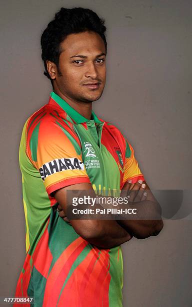 Shakib Al Hasan of Bangladesh poses for a picture during a headshot session ahead of the ICC T20 World cup on March 10, 2014 in Dhaka, Bangladesh.