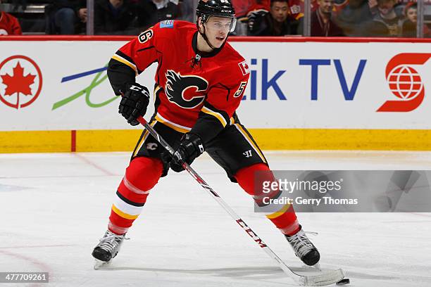 Ben Hanowski of the Calgary Flames skates against the Los Angeles Kings at Scotiabank Saddledome on March 10, 2014 in Calgary, Alberta, Canada.