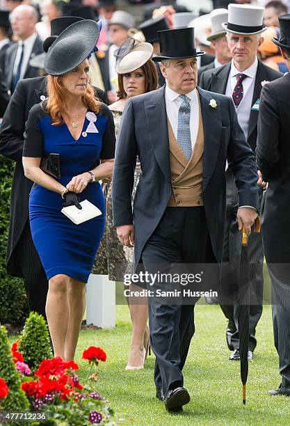 Sarah Ferguson, Princess Eugenie of York and Prince Andrew, Duke of York attend day 4 of Royal Ascot at Ascot Racecourse on June 19, 2015 in Ascot,...