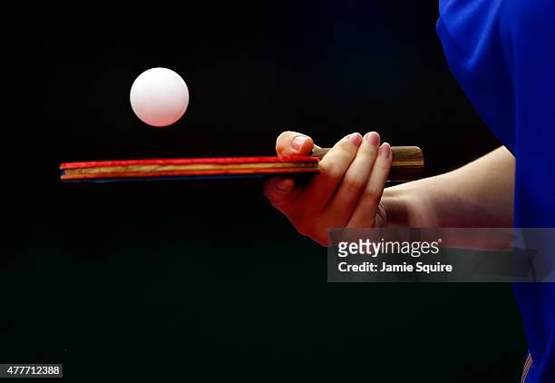Jie Li of the Netherlands competes against Jiao Li of the Netherlands in the Women's Table Tennis Finals during day seven of the Baku 2015 European...