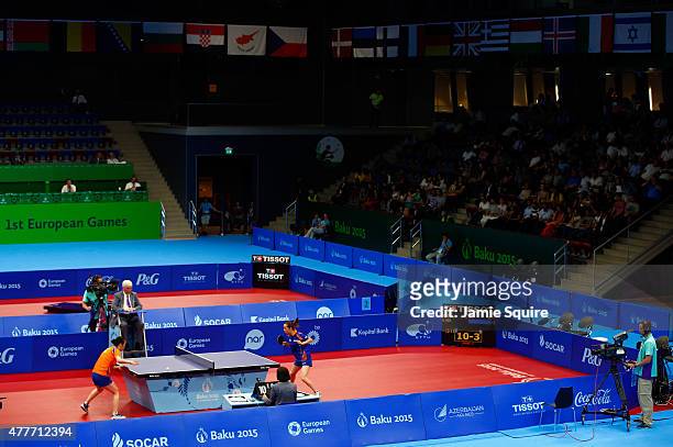 General view as Jiao Li of the Netherlands competes against Jie Li of the Netherlands in the Women's Table Tennis Finals during day seven of the Baku...