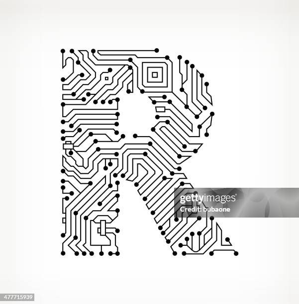 buchstabe r schaltkreis auf weißem hintergrund - buchstabe r stock-grafiken, -clipart, -cartoons und -symbole