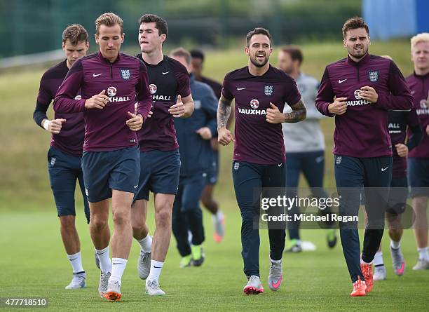 Harry Kane, Michael Keane, Danny Ings and Carl Jenkinson in action during the England U21 training session and press conference on June 19, 2015 in...