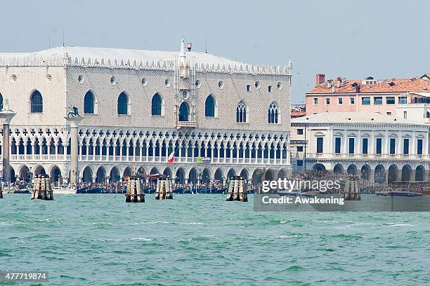 Police patrol the area of water around the Doge Palace ahead of the visit of First Lady Michelle Obama and her daughters on June 19, 2015 in Venice,...