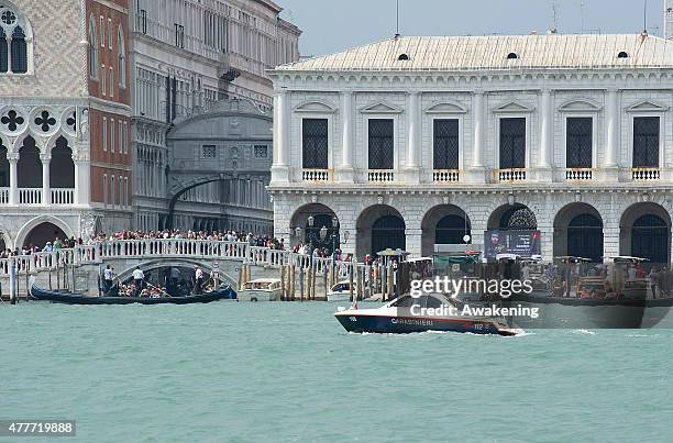 Police patrol the area of water around the Doge Palace ahead of the visit of First Lady Michelle Obama and her daughters on June 19, 2015 in Venice,...