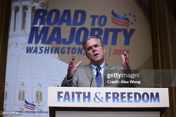 Republican U.S. Presidential hopeful and former Florida Governor Jeb Bush speaks during the "Road to Majority" conference June 19, 2015 in...