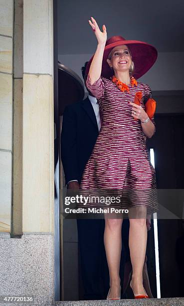 Queen Maxima of The Netherlands leaves after opening the Design Derby Netherlands - Belgium at the Museum Boijmans van Beuningen on June 19, 2015 in...