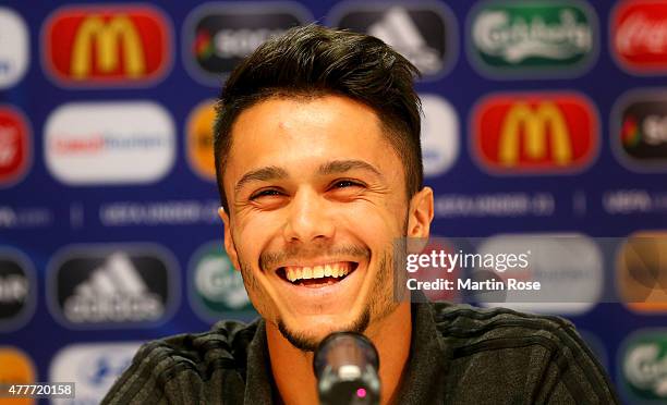 Leonardo Bittencourt of Germany attends the UEFA U21 press conference ahead of the EURO 2015 Group A match against Denmark at Eden stadium on June...