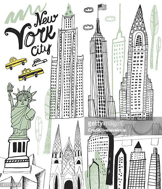 ilustraciones, imágenes clip art, dibujos animados e iconos de stock de ilustración de la ciudad de nueva york y de los monumentos famosos edificios - statue of liberty drawing