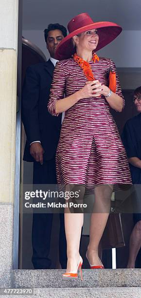 Queen Maxima of The Netherlands leaves after opening the Design Derby Netherlands - Belgium at the Museum Boijmans van Beuningen on June 19, 2015 in...