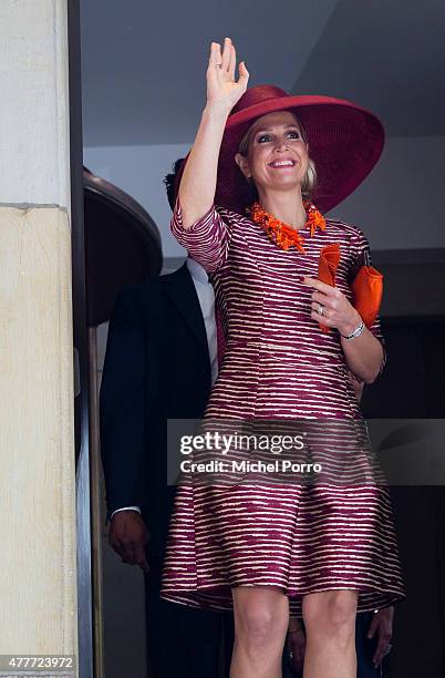 Queen Maxima of The Netherlands leaves after opening the Design Derby Netherlands - Belgium at the Museum Boijmans van Beuningen on June 19, 2015 in...