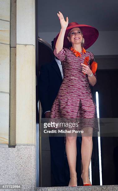 Queen Maxima of The Netherlands leaves after opening the Design Derby Netherlands - Belgium at the Museum Boijmans van Beuningen on June 19, 2015 in...