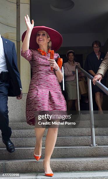 Queen Maxima of The Netherlands leaves after opening the Design Derby Netherlands - Belgium at the Museum Boijmans van Beuningen on June 19, 2015 in...