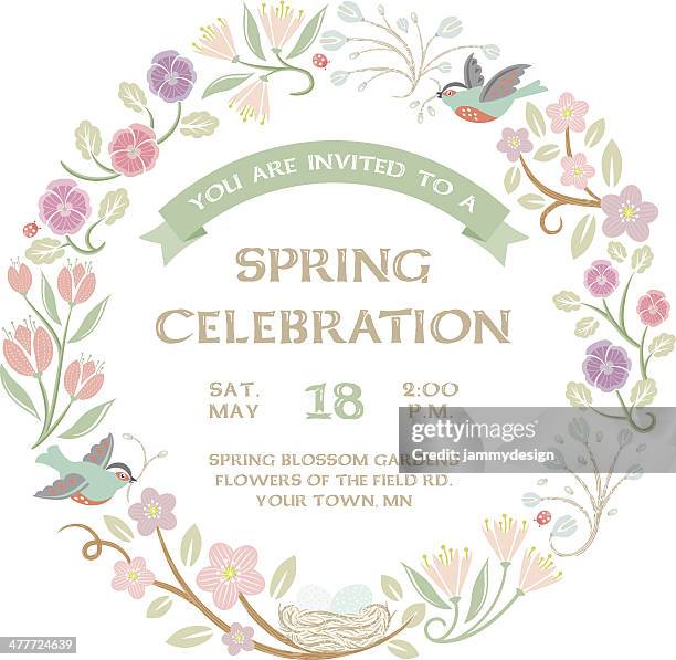 woodland spring wreath - pansy stock illustrations