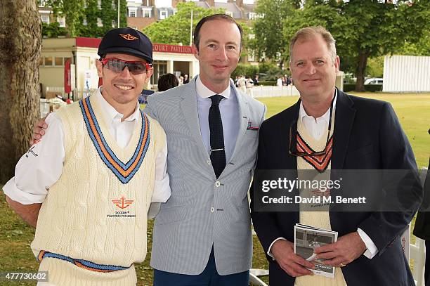 Jaco Van Gass, Howard Mutti Mewse and Mowbray Jackson attend the Flannels for Heroes charity cricket match and garden party hosted by menswear brand...