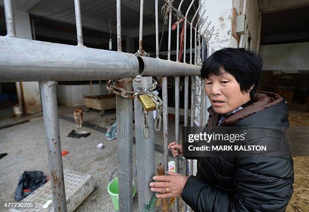 To go with China-health-flu-poultry,FOCUS by Bill Savadove This photo taken on February 17, 2014 shows a chicken vendor at a market closed due to an...