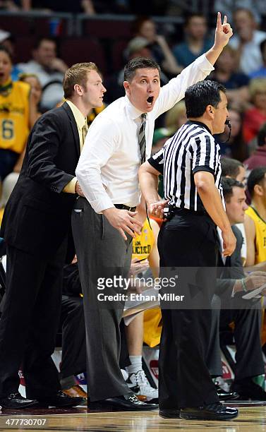 Head coach Rex Walters of the San Francisco Dons reacts to an official's call during a semifinal game of the West Coast Conference Basketball...