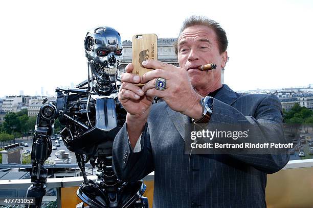 Actor Arnold Schwarzenegger attends the France Photocall of 'Terminator Genisys' at the Publicis Champs Elysees on June 19, 2015 in Paris, France.