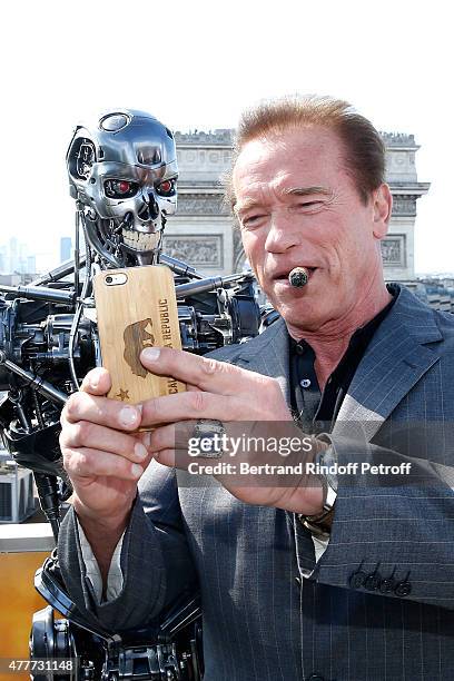 Actor Arnold Schwarzenegger attends the France Photocall of 'Terminator Genisys' at the Publicis Champs Elysees on June 19, 2015 in Paris, France.