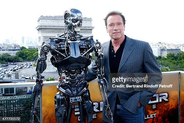 Actor Arnold Schwarzenegger attends the France Photocall of 'Terminator Genisys' at the Publicis Champs Elysees on June 19, 2015 in Paris, France.