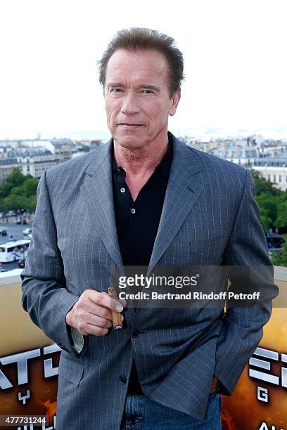 Actor Arnold Schwarzenegger attends the France Photocall of 'Terminator Genisys' at the Publicis Champs Elysees on June 19, 2015 in Paris, France.
