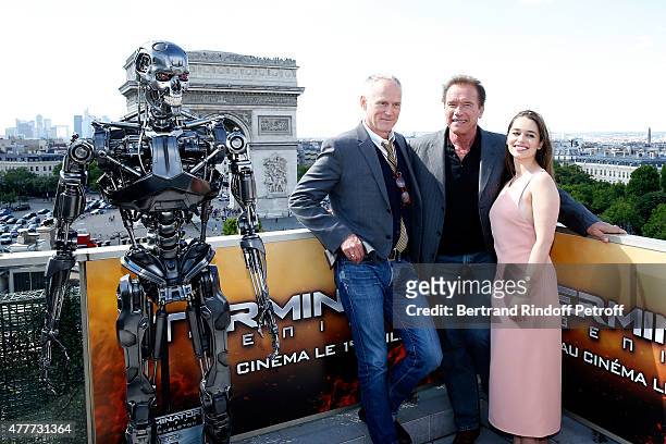 Director Alan Taylor, Actors Arnold Schwarzenegger and Emilia Clarke attend the France Photocall of 'Terminator Genisys' at the Publicis Champs...