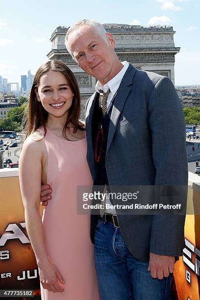Director Alan Taylor and Actress Emilia Clarke attend the France Photocall of 'Terminator Genisys' at the Publicis Champs Elysees on June 19, 2015 in...