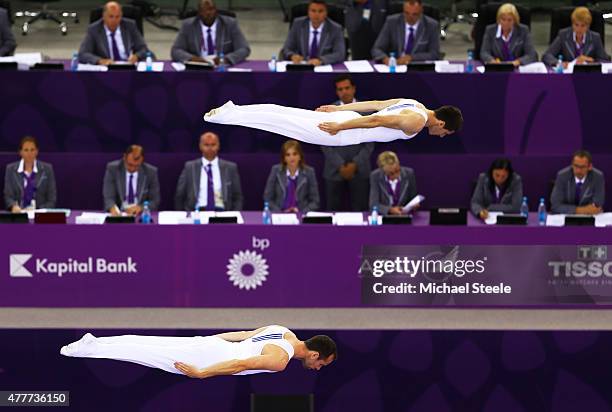 Sebastien Martiny and Allan Morante of France compete in the Men's Gymnastics Synchronised Trampoline Qualification during day seven of the Baku 2015...