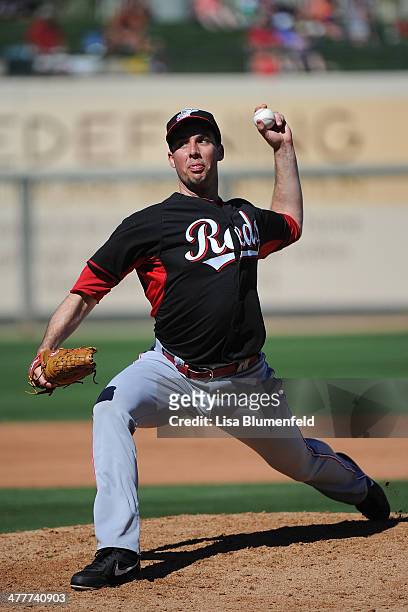 Jeff Francis of the Cincinnati Reds pitches against the Texas Rangers at Surprise Stadium on March 10, 2014 in Surprise, Arizona.