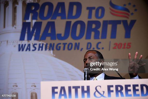 Republican U.S. Presidential hopeful Ben Carson speaks during the "Road to Majority" conference June 19, 2015 in Washington, DC. Conservatives...