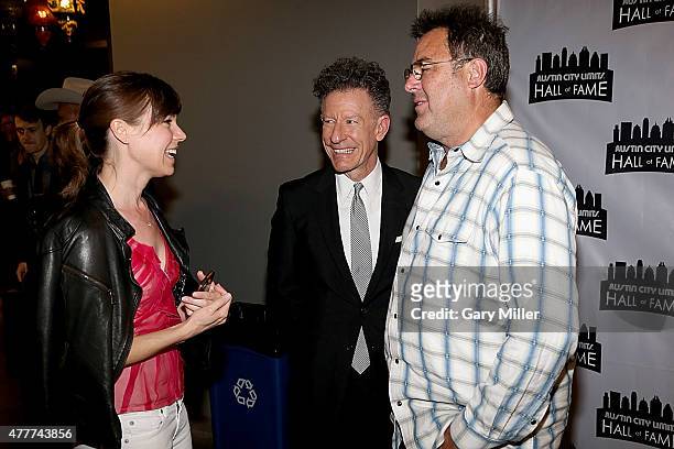 April Kimble, Lyle Lovett and Vince Gill chat backstage during the 2015 Austin City Limits Hall of Fame Induction and Concert at ACL Live on June 18,...