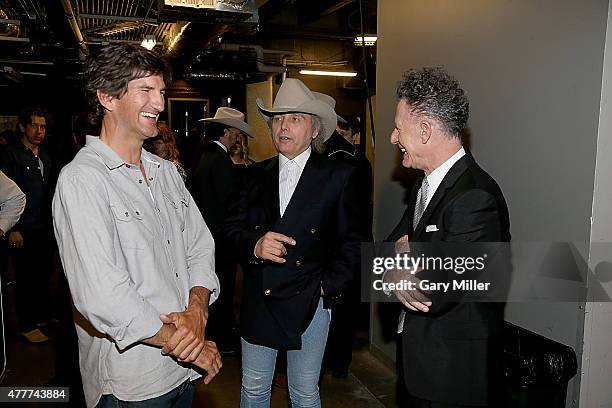 Van Zandt, Dwight Yoakam and Lyle Lovett chat backstage during the 2015 Austin City Limits Hall of Fame Induction and Concert at ACL Live on June 18,...