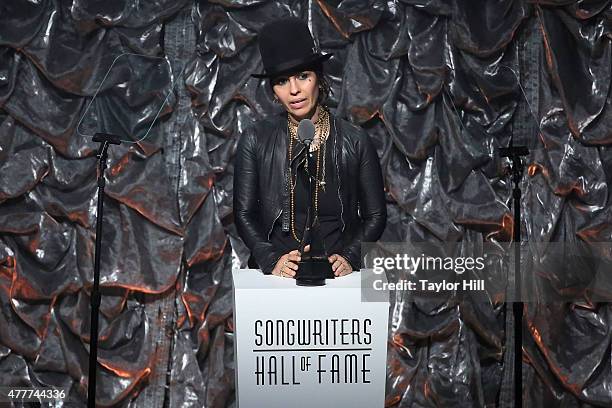 Linda Perry speaks during the Songwriters Hall Of Fame 46th Annual Induction And Awards at Marriott Marquis Hotel on June 18, 2015 in New York City.