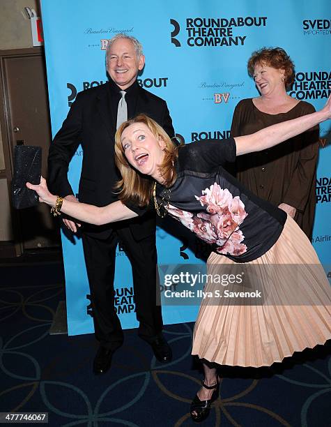 Victor Garber, Becky Ann Baker and Julie White attend Roundabout Theatre Company's 2014 Spring Gala at Hammerstein Ballroom on March 10, 2014 in New...